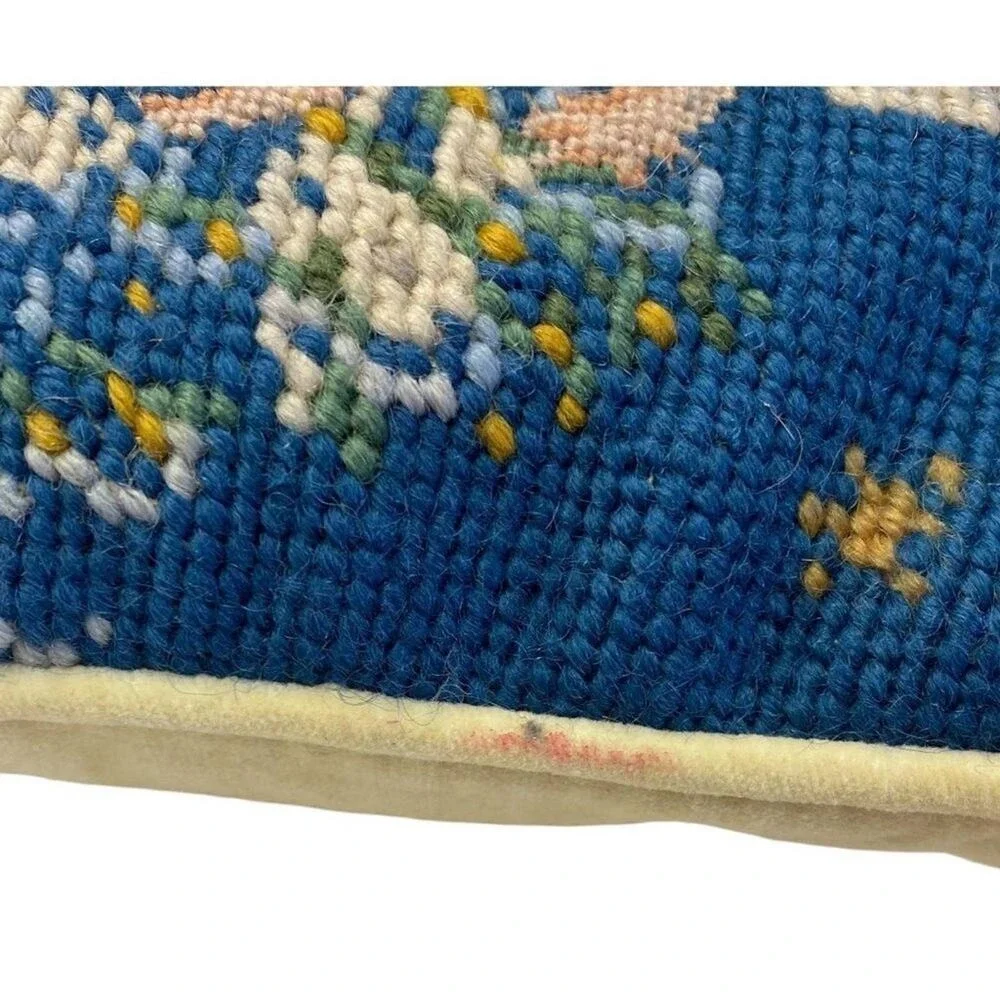 Christmas Pillow Vintage Blue Wool Needlepoint Angels‎ Holiday 10 Inch